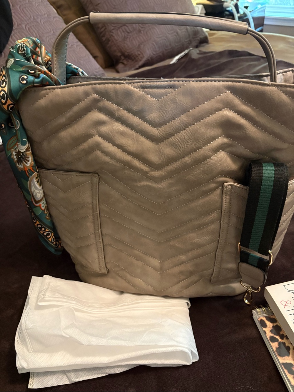 Quilted Tote Bag in Taupe - Women's Shoulder/crossbody Bag with Sm inside bag - Picture 2 of 10